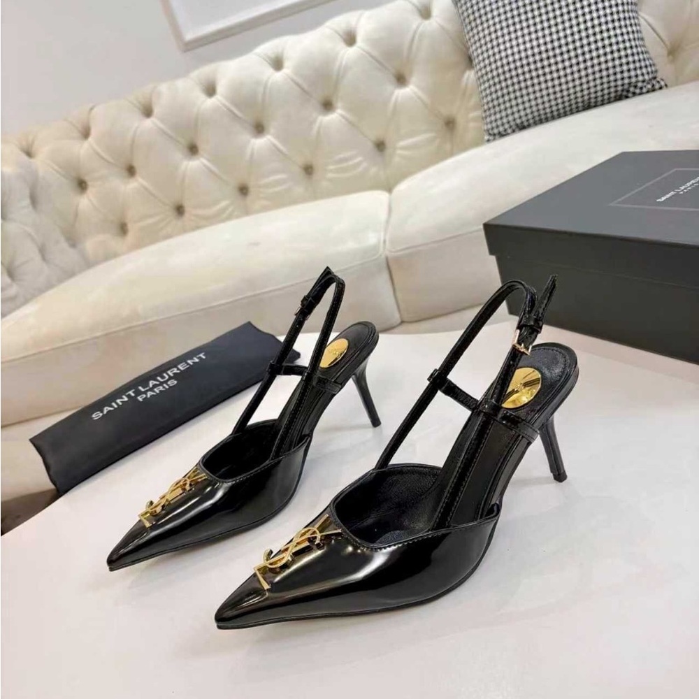 Saint Laurent Black Patent Slingback Heels with Gold Logo